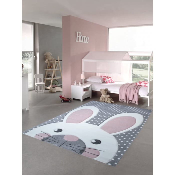 Дитячий килимок для ігор, килимок для дитячої кімнати, дитячий килимок, кролик в рожево-біло-сірому кольорі (160x230 см)