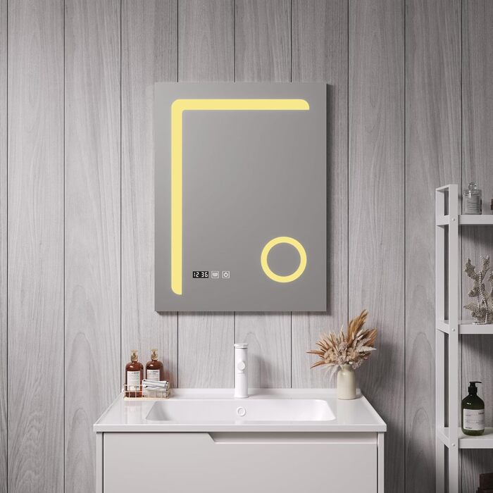 Дзеркало для ванної кімнати pro.tec LED Chambave з підсвічуванням, 3 кольори світла, вертикальне, для макіяжу, прямокутне, 60 x 80 см, срібне, антизапарююче, з лупою та годинником