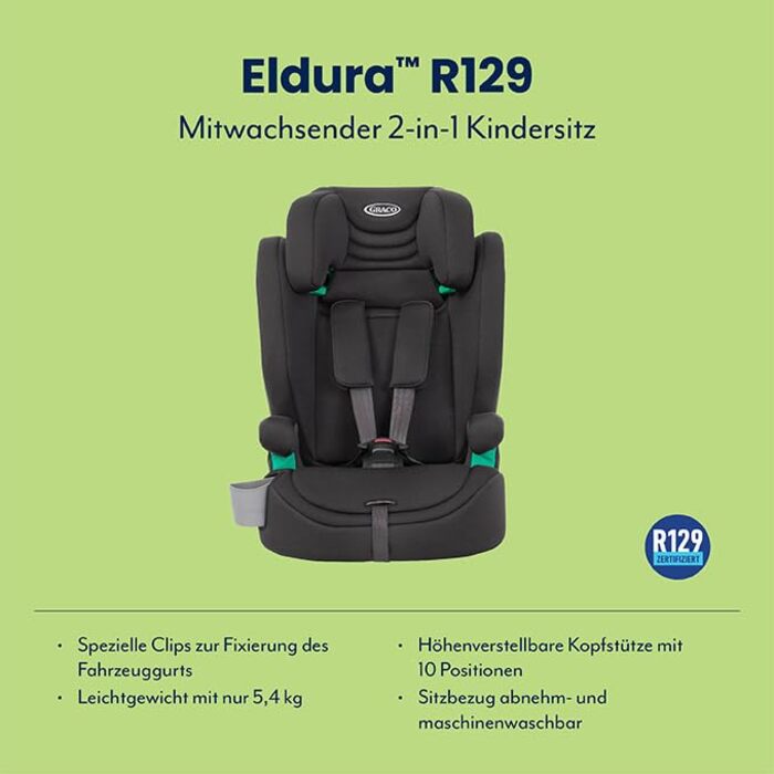 Автокрісло Graco Eldura™ R129 для дітей 15 місяців - 12 років (76-150 см), чорний колір, захист від бічного удару