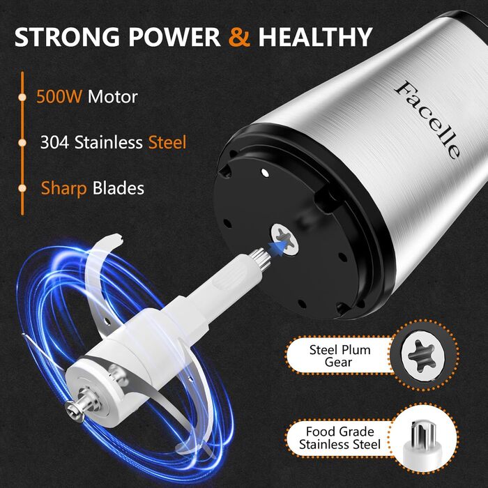 Електричний подрібнювач для кухні Facelle: м'ясорубка, подрібнювач 2L, кухонний комбайн 500W зі скляною чашею та 4 лезами для м'яса, овочів, фруктів, горіхів, дитячого харчування