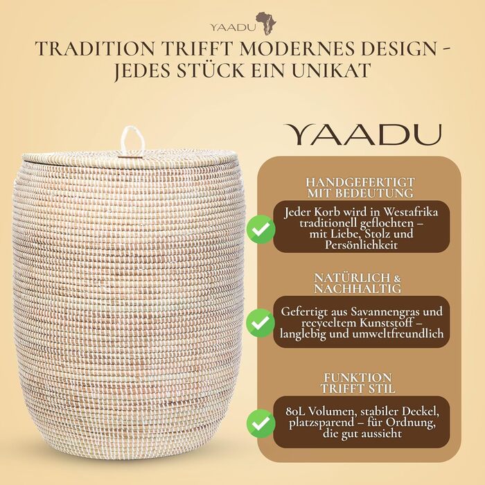 Кошик для білизни YAADU з кришкою - великий (XXL), африканський кошик для збору білизни, кошик для прання, білий/плоский