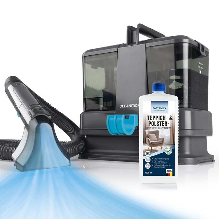 CLEANmaxx Професійний пароочисник та чистий для м'яких меблів Pro Steam | Плямистий очищувач & EASYmaxx Очисник килимів | Миючий пилосос та очищувач для диванів, авто, килимів, м'яких меблів тощо | Очищувач плям (Чорний з шампунем, Компакт 330W)