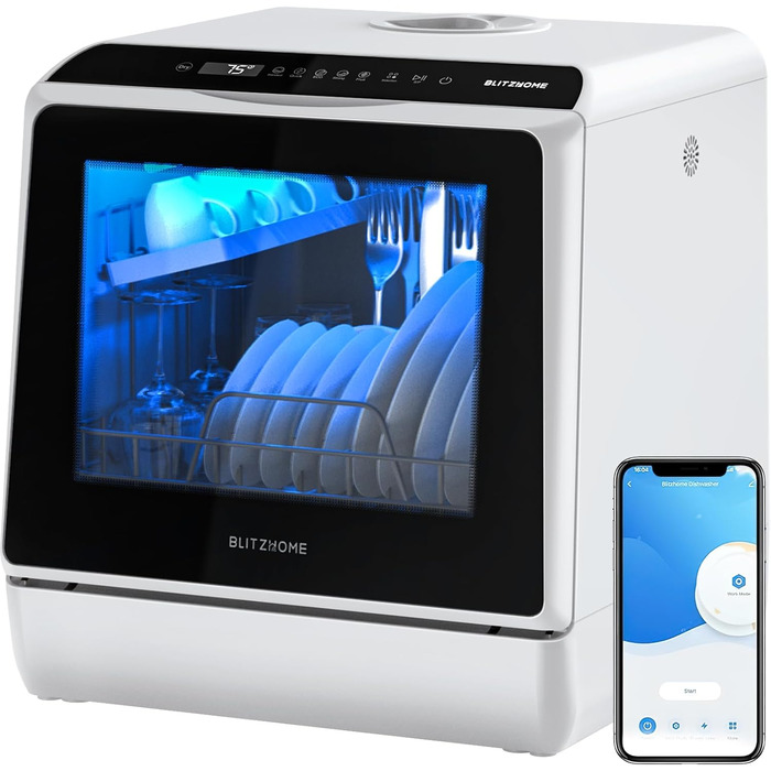 BLITZHOME Міні посудомийна машина з керуванням через додаток, 6 програм, портативна, 5л бак, з/без підключення до води, функція сушіння, для кемпінгу