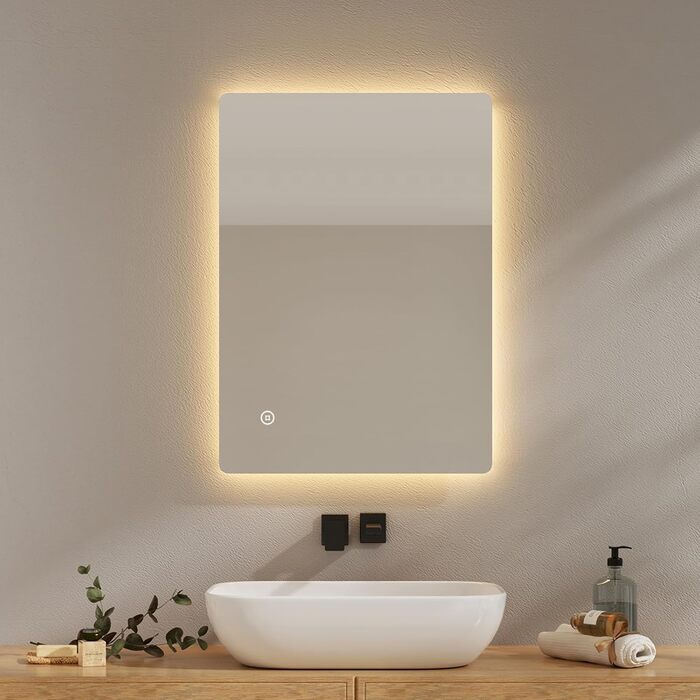 Дзеркало для ванної кімнати EMKE з підсвічуванням 40x60 см, антизапар, 2 кольори світла (тепле/холодне), вимикач-маятник, IP44, енергозберігаюче, захищене від вибуху (70x50 см)