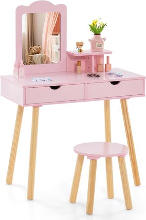 Дитячий туалетний столик COSTWAY 2-в-1 зі стільчиком та дзеркалом, з 2 шухлядами, гребінцем, для дівчаток 3-7 років (Рожевий)