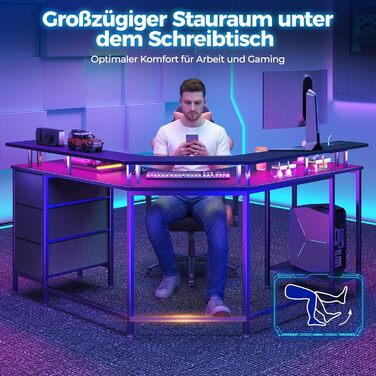 Ігровий кутовий стіл Seventable L-подібний з LED підсвіткою та розетками, 3 ящики, чорний 135x135x88 см