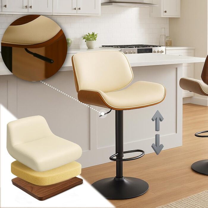 Барний стілець CLP Beverley з штучної шкіри, регульована висота та поворотний, дерев'яний, з підніжкою, колір: горіх/кремовий