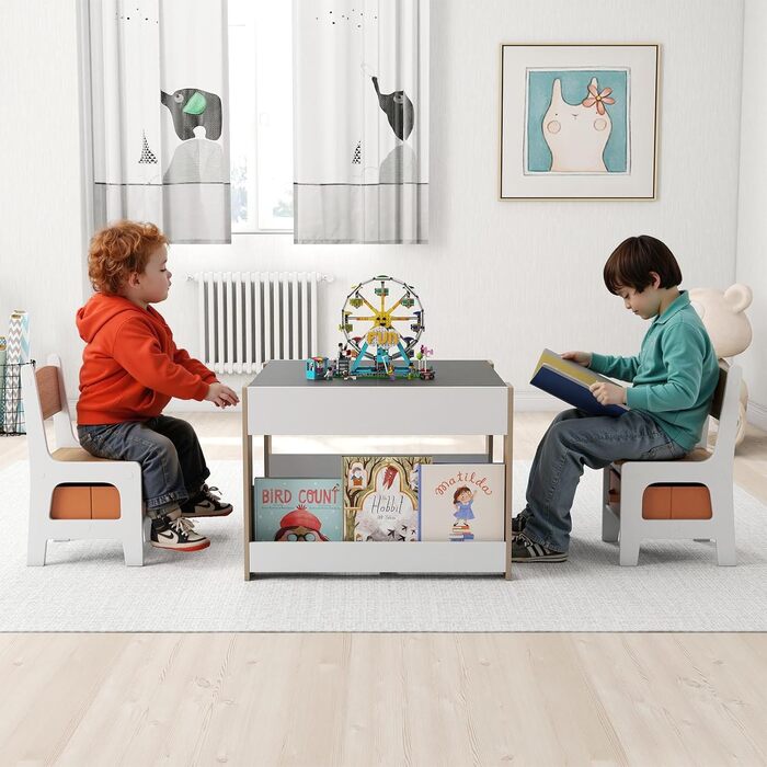 Детский стол со стульями COSTWAY 3 в 1, деревянный стол для рисования с ящиком, комплект детской мебели для детей от 3 лет, столешница с покрытием (Натуральный, Комбинированный)