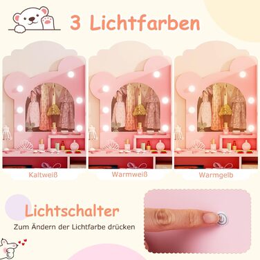 Детский туалетный столик COSTWAY в форме медведя с подсветкой, зеркалом, шкафчиком, 5 ящиками и полками, для девочек от 3 лет (розовый)