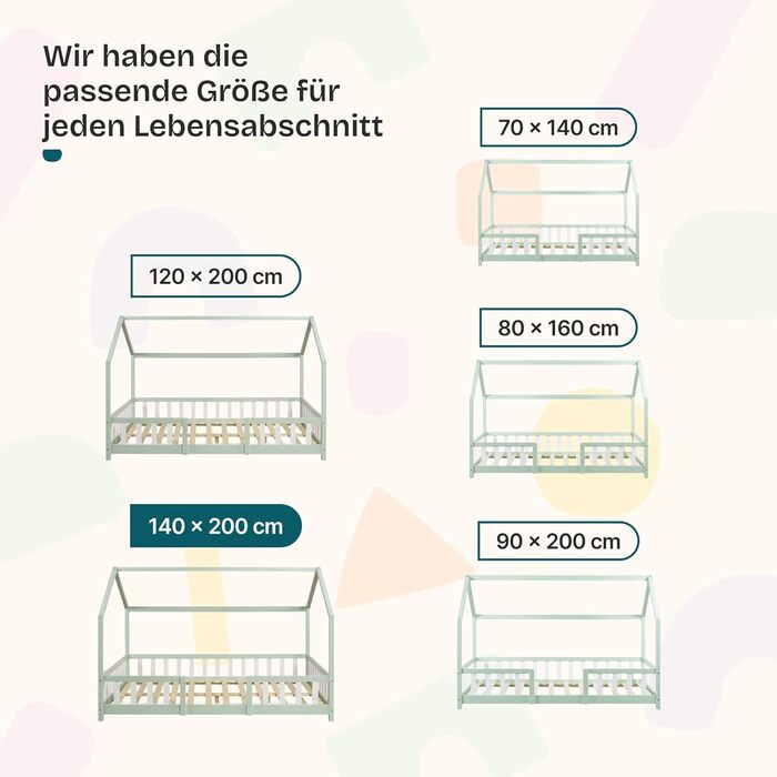 Дитяче ліжко Sisimiut Hausbett Montessori від en.casa з бар'єром безпеки. Дерев'яне ліжко для дітей, ліжко-платформа, сосна, світло-сірий/білий, 140 x 200 см (без матрацу)