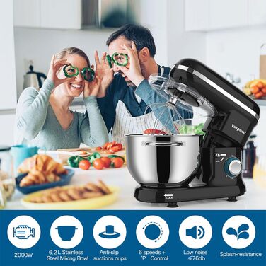 Електричний кухонний міксер Vospeed 1500W з 6 швидкостями та мискою 6.2QT (чорний)
