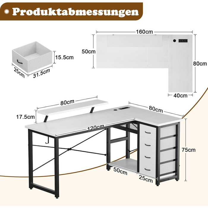 Кутовий стіл Devoko з 4 висувними ящиками з тканини, 2 розетками та 2 USB-портами, для дому та офісу, ігор, білий, 140x80 см