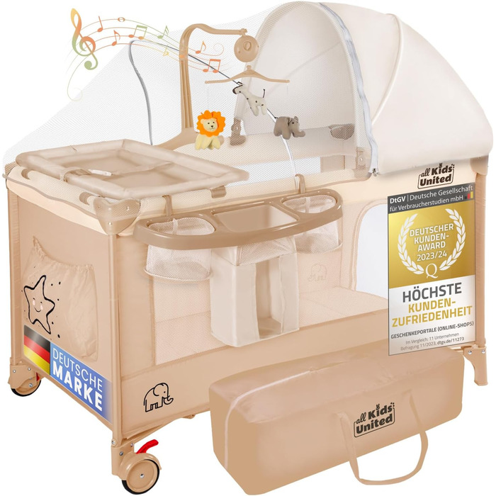 Дитяче ліжко-манежа All Kids United® для подорожей з матрацом, пеленальним столиком, музичним проигрывателем та мобілем (Бежевий)
