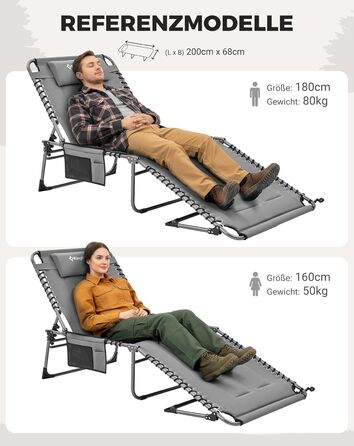 Лежак для відпочинку KingCamp великого розміру, складаний, 5 положень, для саду, кемпінгу, пляжу, з подушкою та кишенею, до 200 кг, 200 x 68 см, сірий