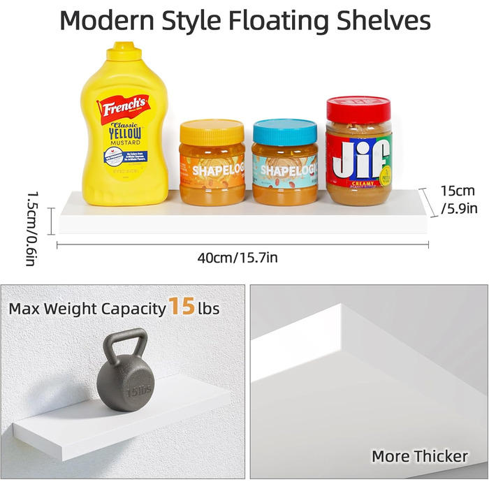 Набір полиць настінних OUDIE білі (3 шт), плаваючі полиці для вітальні, кухні, спальні, офісу, коридору 15x40x1.5 см