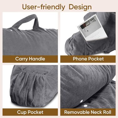 Подушка для сидіння в ліжку для дорослих, з меморі-піною, 63,5 см, зйомний валик для шиї, знімна та пральна наволочка, подушка для спини з подовженими підлокітниками