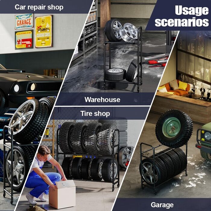 Стійка для шин BAOYOUNI на 4 шини/диски, 2 яруси, регульована, на колесах, для гаража, складу, майстерні, 57,2 x 37,3 x 114,6 см