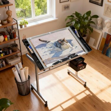 Регульований стіл для малювання Magshion з нахиленою скляною стільницею, переносний з 2 шухлядами та колесами, для художників, студентів (прозорий)