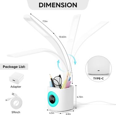 Світлодіодна дитяча настільна лампа Hokone з USB, 4 колірні температури, диммер, годинник, будильник, нічник, білий