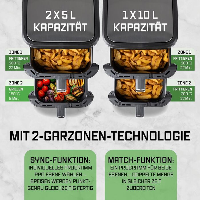 Фритюрниця повітряна Gourmetmaxx FryUp з вертикальною подвійною камерою, 10 літрів (2x5л), сенсорний дисплей
