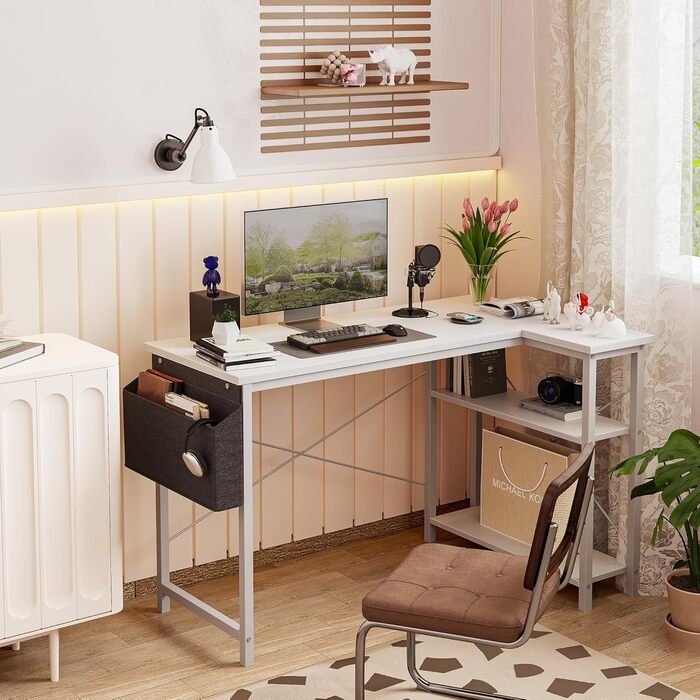 Бексв'ю кутовий стіл L-подібний для геймінгу 100x70 см з полицями, білий. Стіл для комп'ютера, навчання, роботи вдома.