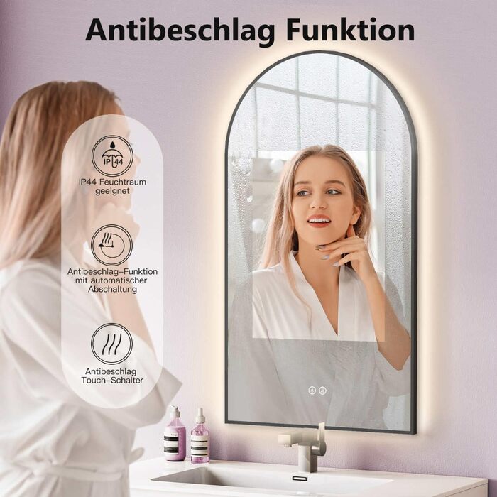 Дзеркало для ванної кімнати LED HOKO Design Turin, овальне, 45x75 см, матовий чорний каркас, сенсорне керування, світлодіодне підсвічування, зміна кольору світла (тепле/холодне/нейтральне), антизапарювання