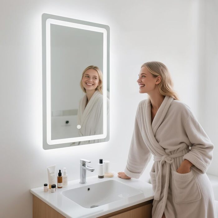 Дзеркало для ванної кімнати MYGIIVOVO з підсвічуванням LED, сенсорне керування, 3 кольори, регулювання яскравості (48x68 см)