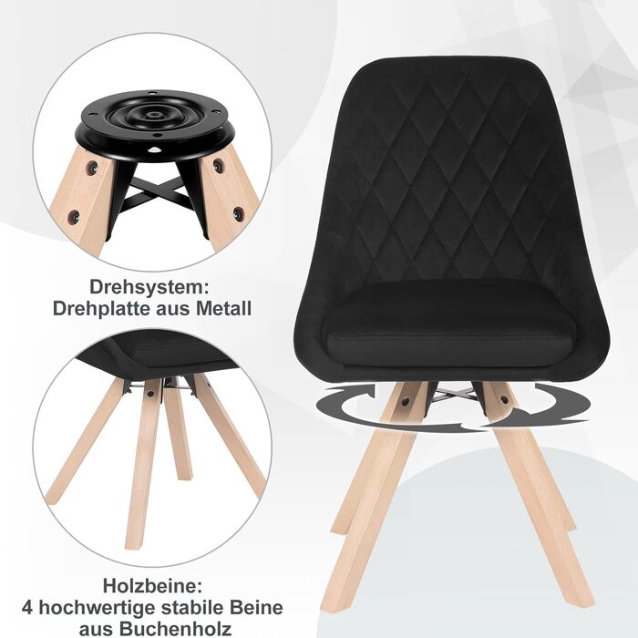 Набір обідніх стільців Woltu для вітальні, кухні, їдальні (8 шт.), з оксамитовим покриттям, букові ніжки, до 150 кг, чорний колір