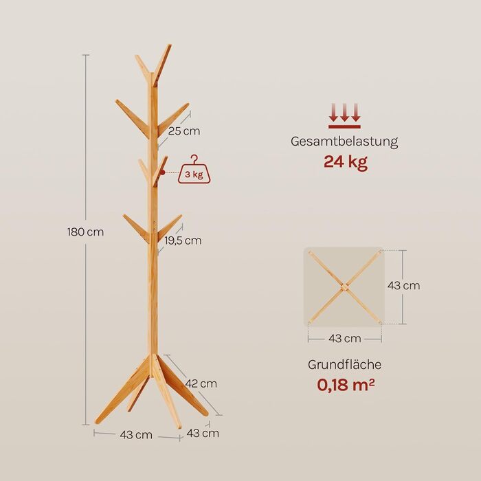 Вільхувана вішалка для одягу WOLTU з 8 гачками, 180 см, дерев'яна, настінна, для дому