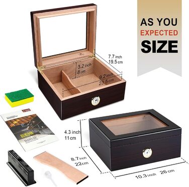 Вологостійкий вологомір для сигар, дерев'яний ящик для сигар з іспанської кедру, вологомір, роздільники, аксесуар для сигар, подарунок для чоловіків (30-50 сигар), чорний