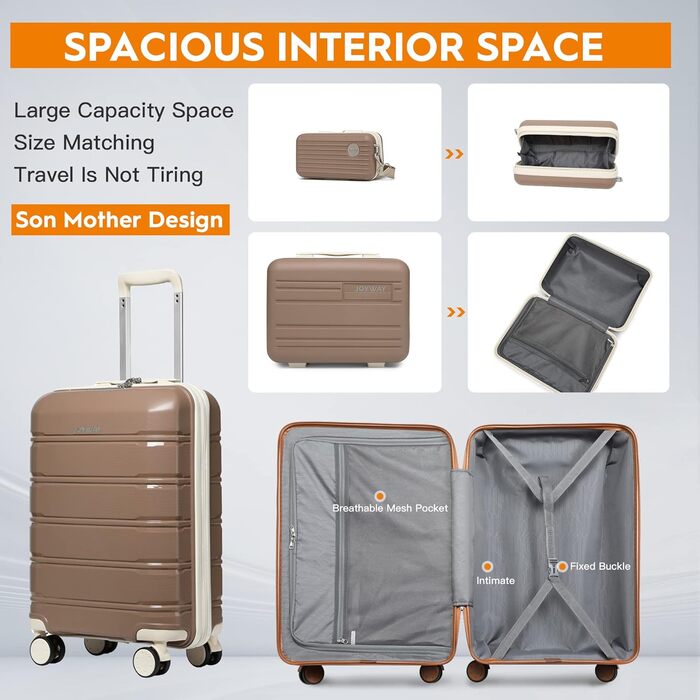 Набір валіз Joyway 3 в 1 з жорстким корпусом, 4 колеса, TSA-замок, косметичка та сумка, коричнево-білий, ручна поклажа