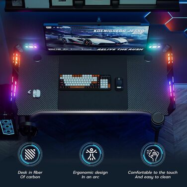 LED ігровий стіл FIVMEN 120x60 см з підсвіткою, тримачем для напоїв та гачком для навушників. Стіл для комп'ютера, геймінговий стіл з карбоновим покриттям, M-Frame 120 см
