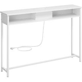 Консольний стіл з розетками, приставний столик з 2 відділеннями, вузький, 25 х 120 х 81 см, компактний, для вхідної зони, вітальні, білосніжний LNT111W01