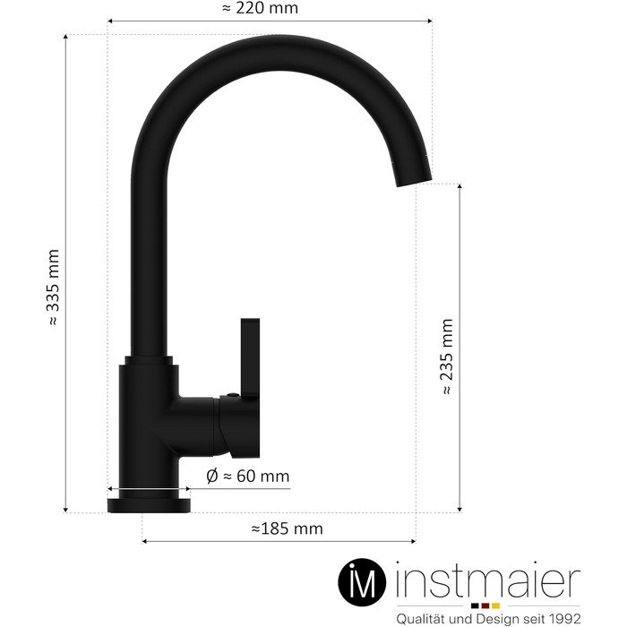 Змішувач для кухні instmaier K3 Чорний матовий Високий вилив Поворот на 360 Одноважільний змішувач високого тиску