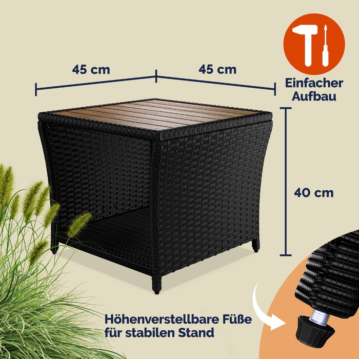 Розкладний столик з ротангу Polyrattan, чорного кольору, розміром 40x45x45 см з акційним деревом.