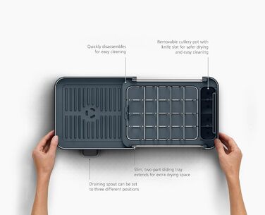 Сушарка для посуду Joseph Joseph Extend Slim з нержавіючої сталі, висувна, компактна, з підставкою для столових приборів та поворотним зливом, сіра