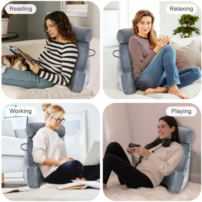 Подушка для читання Mingfuxin для ліжка, дивана, підлоги: знімний валик для шиї та підлокітником для підтримки спини, сіра