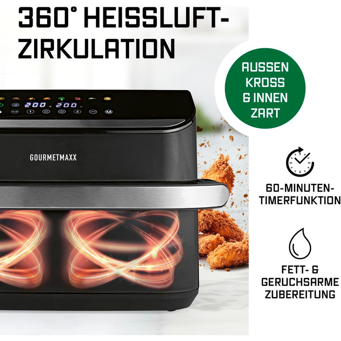 Фритюрниця повітряна Gourmetmaxx FryUp з двома камерами | 10 літрів | Чорний колір | Дисплей Touch | Економія місця