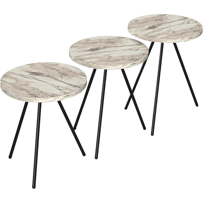 Набір приставних столів Ølgod Nesting Table Набір з 3 столів для вітальні з круглою стільницею та металевими ніжками Салонний стіл (мармур, білий)