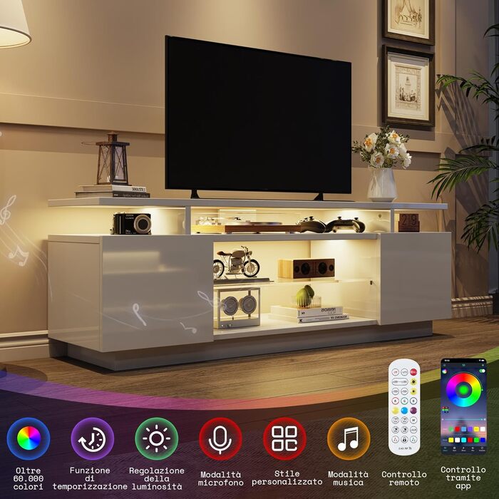 Тумба під TV Luxoak з LED підсвічуванням, білий глянцевий лак, 160x38.5x54.5 см. Підходить для телевізорів до 75 дюймів, з 2 дверцятами та регульованою скляною полицею. Для вітальні та спальні.