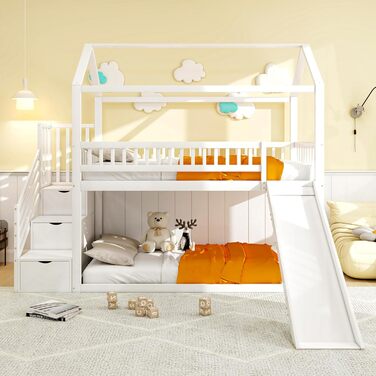 Двоярусне ліжко для дітей з драбиною, біле. Ліжко-горище, ліжко-ігровий майданчик, ліжко-крісла для підлітків, каркас двоярусного ліжка з ламелями, без матрацу.