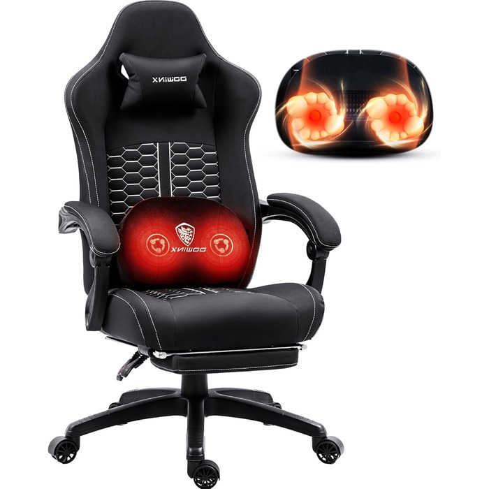 Ігровий крісло Dowinx з підігрівом, масажем попереку, кишеньковим пружинним сидінням та підставкою для ніг. PC-крісло для дорослих, чорного кольору