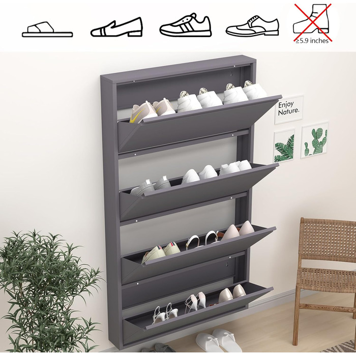 Чорний настінний органайзер для взуття GREATMEET з 4 висувними ящиками, вузький, для передпокою