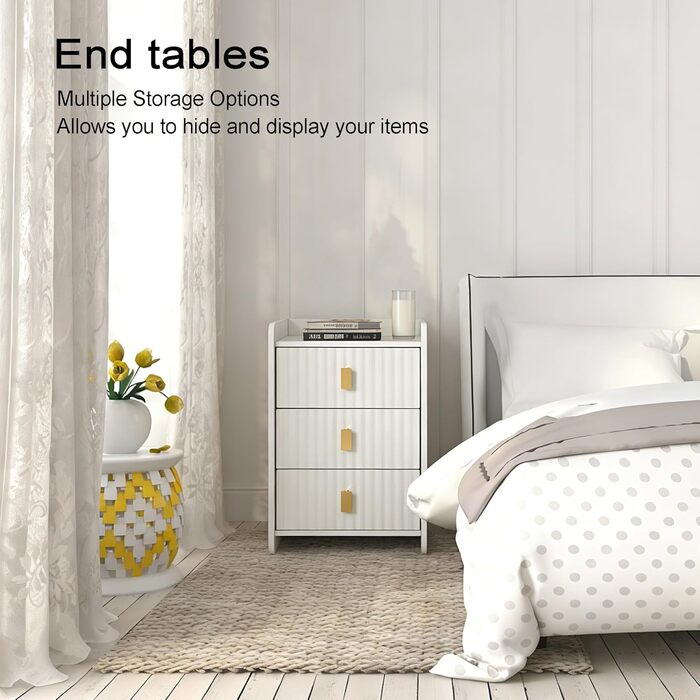 Нічний столик з 3 шухлядами, білий, для спальні та вітальні
