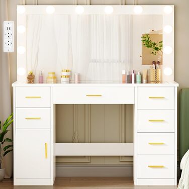 Великий туалетний столик ANWBROAD з регульованою LED-підсвіткою 3 кольорів та розеткою. Сучасний туалетний столик з дзеркалом, 7 ящиків, білий, 140x110x40 см. Модель BDT83W