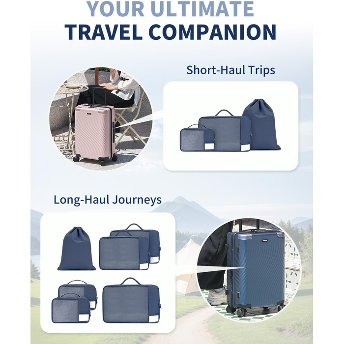 Набір органайзерів для валізи ECOHUB, 6 шт., дорожні компресійні сумки з ID-тегами, дихаючі органайзери для одягу та рюкзака з переробленого матеріалу (Синій)