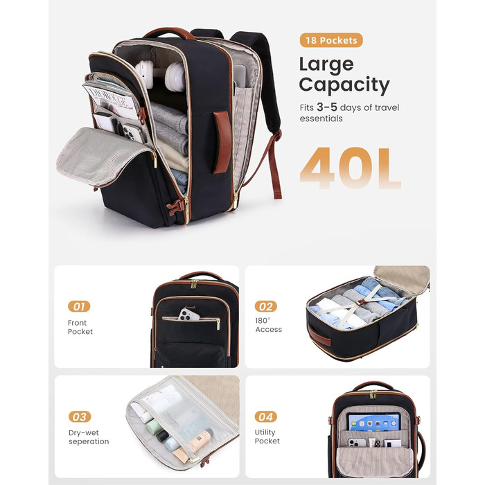 LOVEVOOK Рюкзак для ручної поклажі, 40L, чорний: для ноутбука 17.3