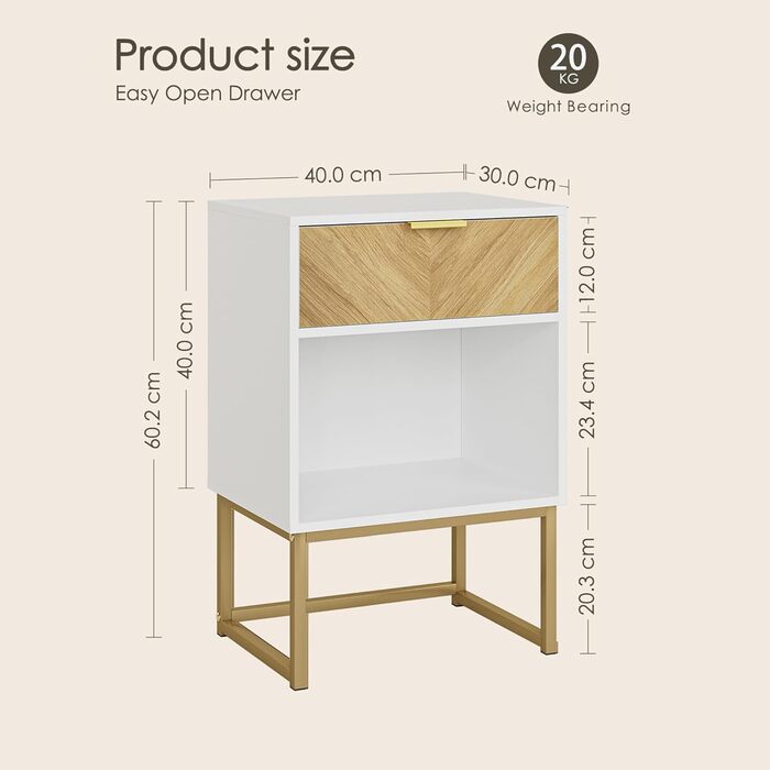 Приліжкові столики з відкритою полицею, білий, 40 x 30 x 60 см