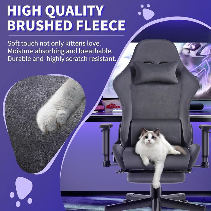 Ігровий крісло JUMMICO з тканини, офісне крісло з масажем, ергономічний офісний стілець, регульовані підлокітники, 90-180° нахил, 200 кг, сірий