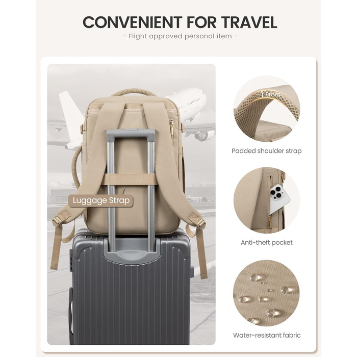 Чоловічий/Жіночий рюкзак OVEVOOK для ручної поклажі в літак, 40л, великий дорожній рюкзак-валіза з відділенням для ноутбука, водонепроникний, для подорожей, ділових поїздок, вихідних (L, Хакі-беж)
